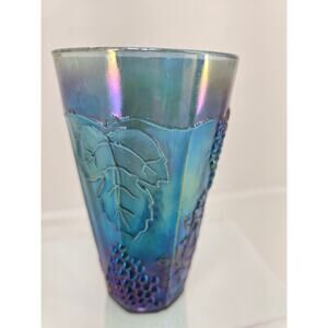 Vintage Carnival Glass Tumbler Grape Leaf Pattern Iridescent Blue